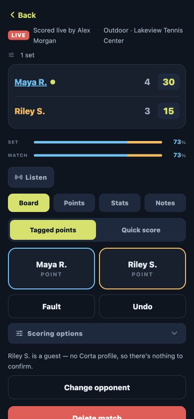 Corta web app live scoring with sample players, point controls, Match Radio, and Board, Points, Stats, and Notes tabs.
